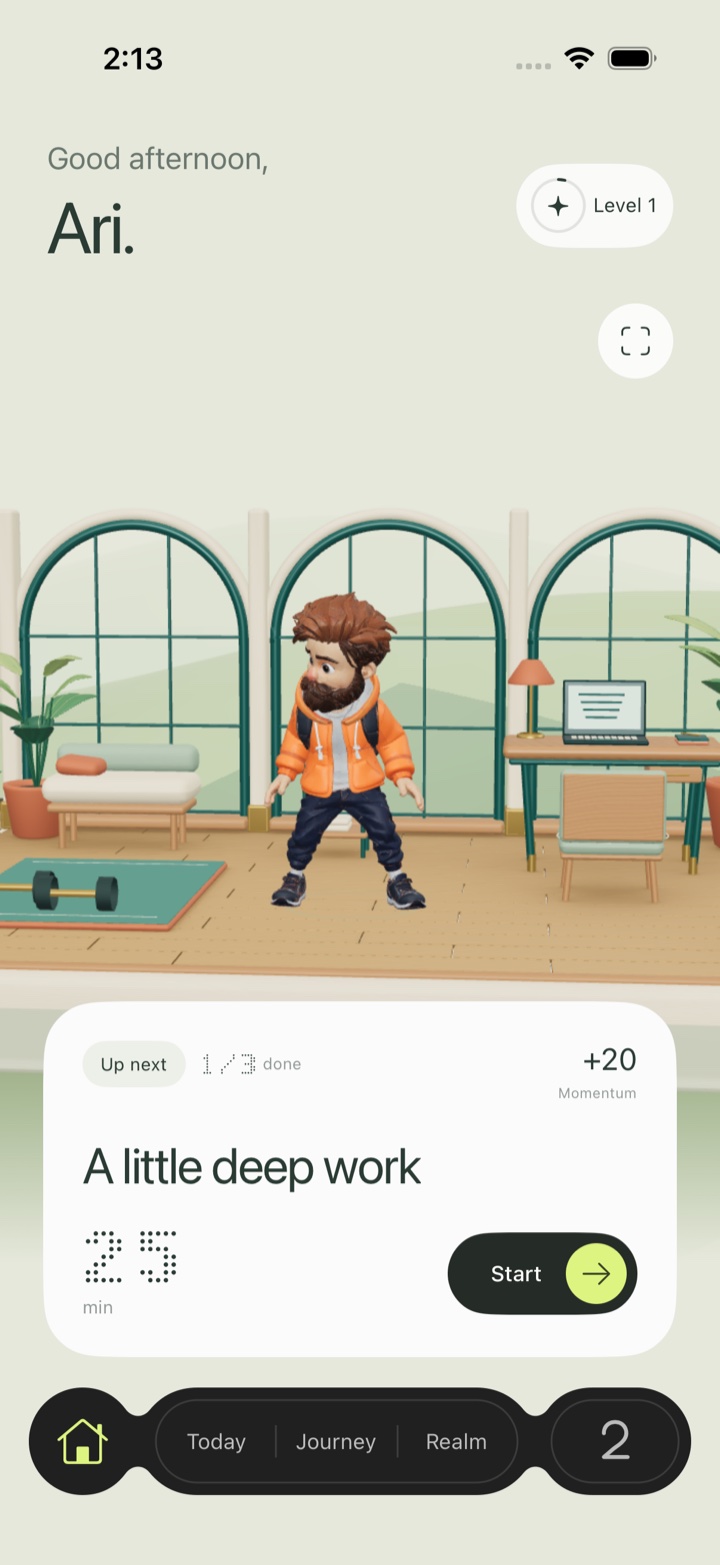 Life Game Home: your character, your room, and your next task.