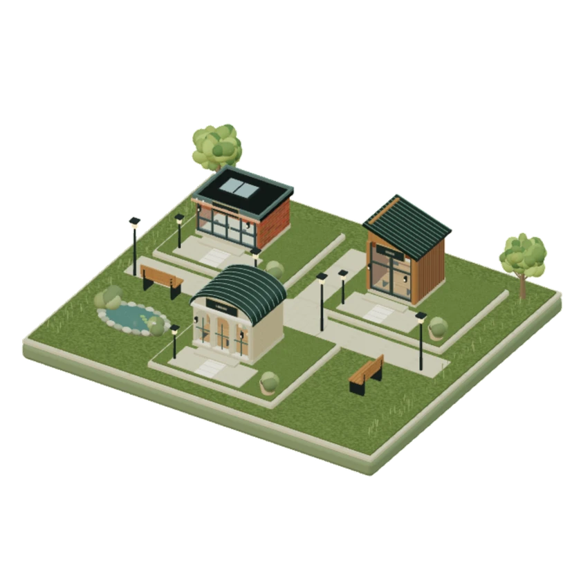 A miniature neighborhood with a gym, studio, and library connected by paths.